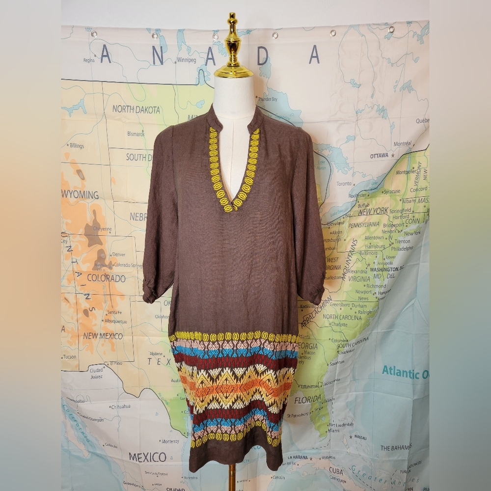 Uncle Frank Bohemian Dress Brown Tunic with Colorful Embroidery Pattern Size S
